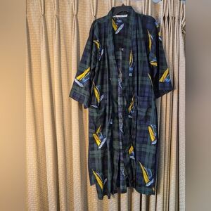Vintage Men's One Size Nautica Blue & Green Checkered Bathrobe w/ Sailboats